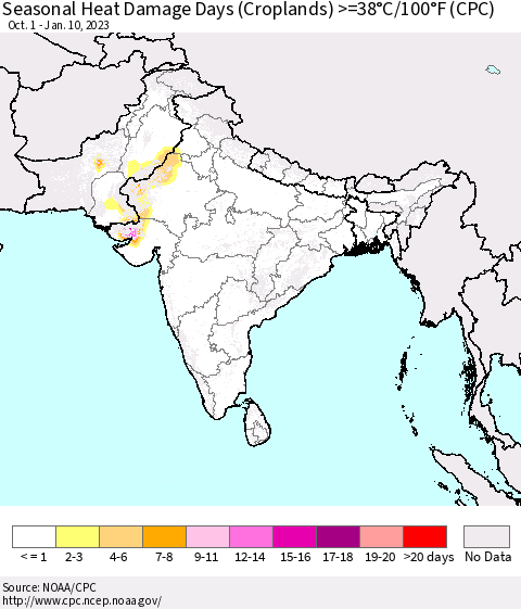 Southern Asia Seasonal Heat Damage Days (Croplands) >=38°C/100°F (CPC) Thematic Map For 10/1/2022 - 1/10/2023