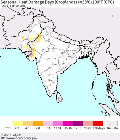 Southern Asia Seasonal Heat Damage Days (Croplands) >=38°C/100°F (CPC) Thematic Map For 10/1/2022 - 2/20/2023