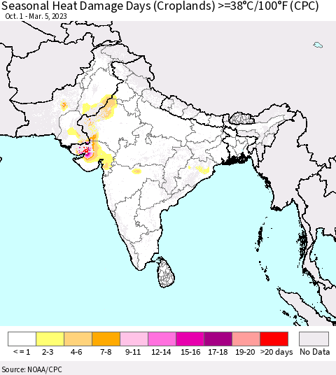 Southern Asia Seasonal Heat Damage Days (Croplands) >=38°C/100°F (CPC) Thematic Map For 10/1/2022 - 3/5/2023