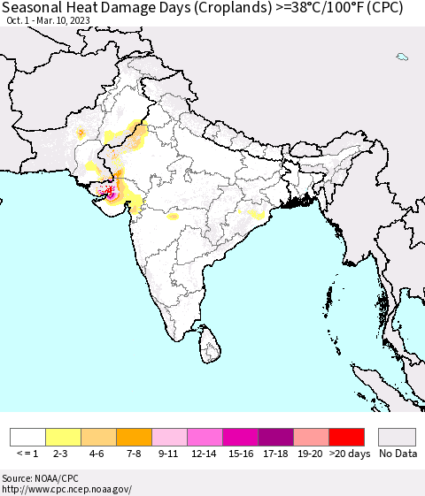 Southern Asia Seasonal Heat Damage Days (Croplands) >=38°C/100°F (CPC) Thematic Map For 10/1/2022 - 3/10/2023