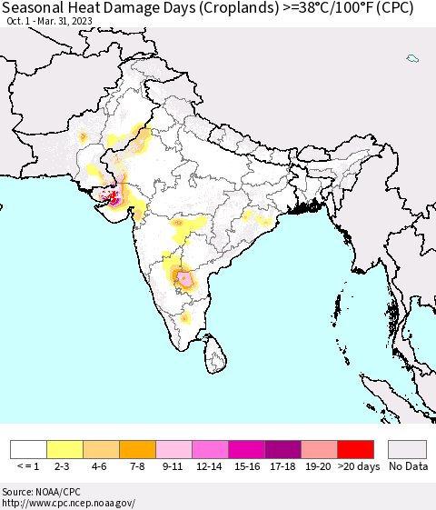 Southern Asia Seasonal Heat Damage Days (Croplands) >=38°C/100°F (CPC) Thematic Map For 10/1/2022 - 3/31/2023