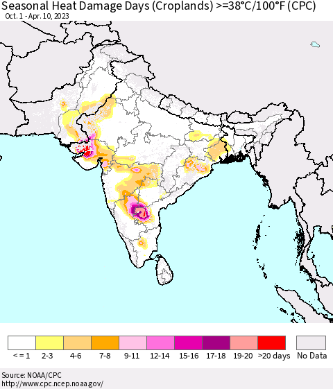 Southern Asia Seasonal Heat Damage Days (Croplands) >=38°C/100°F (CPC) Thematic Map For 10/1/2022 - 4/10/2023