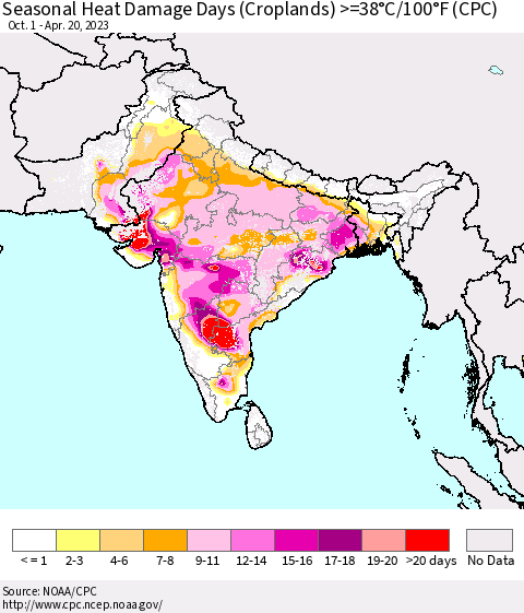 Southern Asia Seasonal Heat Damage Days (Croplands) >=38°C/100°F (CPC) Thematic Map For 10/1/2022 - 4/20/2023