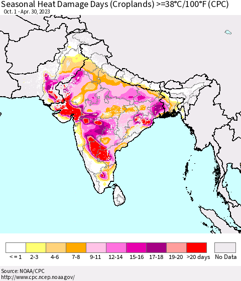 Southern Asia Seasonal Heat Damage Days (Croplands) >=38°C/100°F (CPC) Thematic Map For 10/1/2022 - 4/30/2023