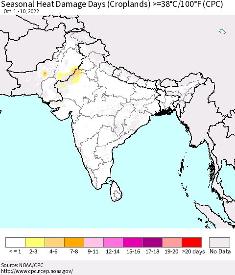 Southern Asia Seasonal Heat Damage Days (Croplands) >=38°C/100°F (CPC) Thematic Map For 10/1/2022 - 10/10/2022