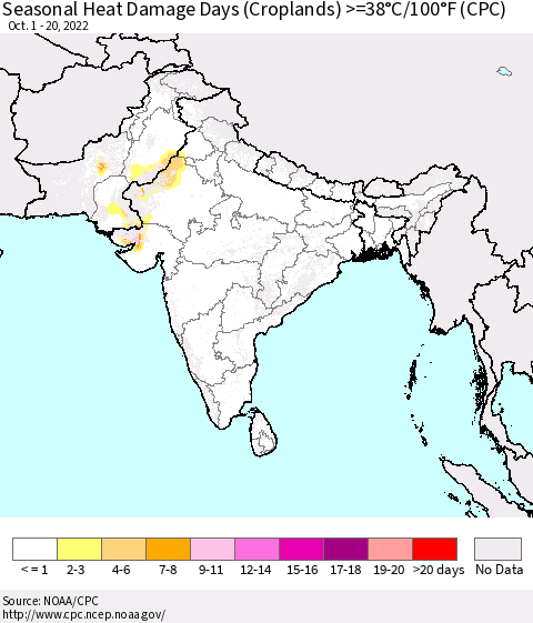 Southern Asia Seasonal Heat Damage Days (Croplands) >=38°C/100°F (CPC) Thematic Map For 10/1/2022 - 10/20/2022