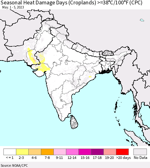 Southern Asia Seasonal Heat Damage Days (Croplands) >=38°C/100°F (CPC) Thematic Map For 5/1/2023 - 5/5/2023