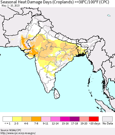 Southern Asia Seasonal Heat Damage Days (Croplands) >=38°C/100°F (CPC) Thematic Map For 5/1/2023 - 5/10/2023