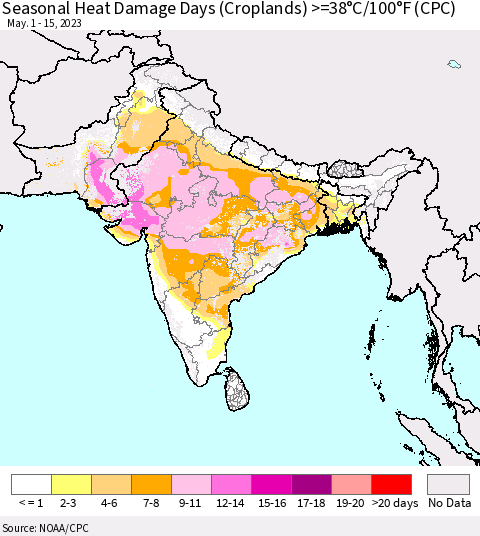 Southern Asia Seasonal Heat Damage Days (Croplands) >=38°C/100°F (CPC) Thematic Map For 5/1/2023 - 5/15/2023