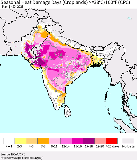Southern Asia Seasonal Heat Damage Days (Croplands) >=38°C/100°F (CPC) Thematic Map For 5/1/2023 - 5/20/2023