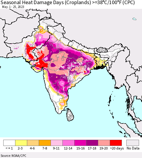 Southern Asia Seasonal Heat Damage Days (Croplands) >=38°C/100°F (CPC) Thematic Map For 5/1/2023 - 5/25/2023