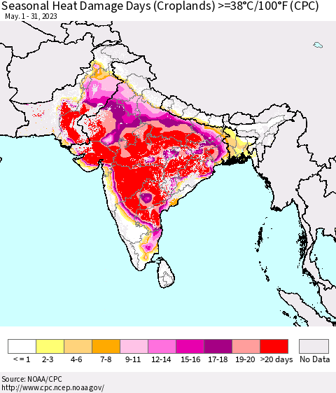 Southern Asia Seasonal Heat Damage Days (Croplands) >=38°C/100°F (CPC) Thematic Map For 5/1/2023 - 5/31/2023