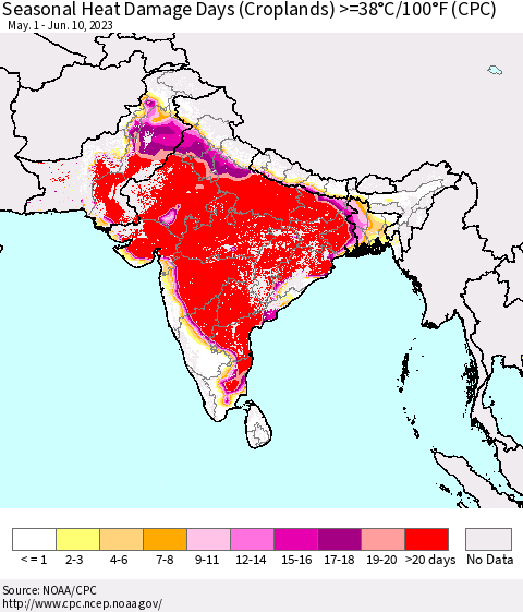 Southern Asia Seasonal Heat Damage Days (Croplands) >=38°C/100°F (CPC) Thematic Map For 5/1/2023 - 6/10/2023