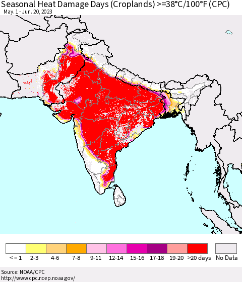 Southern Asia Seasonal Heat Damage Days (Croplands) >=38°C/100°F (CPC) Thematic Map For 5/1/2023 - 6/20/2023
