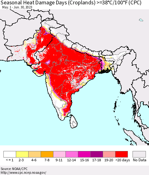 Southern Asia Seasonal Heat Damage Days (Croplands) >=38°C/100°F (CPC) Thematic Map For 5/1/2023 - 6/30/2023