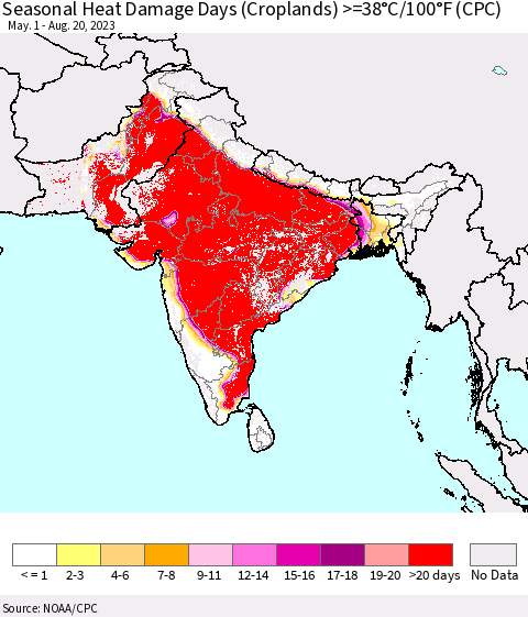 Southern Asia Seasonal Heat Damage Days (Croplands) >=38°C/100°F (CPC) Thematic Map For 5/1/2023 - 8/20/2023