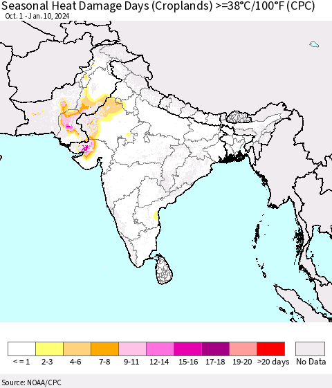 Southern Asia Seasonal Heat Damage Days (Croplands) >=38°C/100°F (CPC) Thematic Map For 10/1/2023 - 1/10/2024