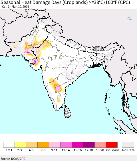 Southern Asia Seasonal Heat Damage Days (Croplands) >=38°C/100°F (CPC) Thematic Map For 10/1/2023 - 3/10/2024