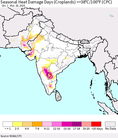 Southern Asia Seasonal Heat Damage Days (Croplands) >=38°C/100°F (CPC) Thematic Map For 10/1/2023 - 3/20/2024