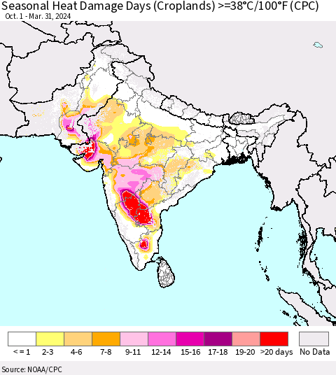 Southern Asia Seasonal Heat Damage Days (Croplands) >=38°C/100°F (CPC) Thematic Map For 10/1/2023 - 3/31/2024