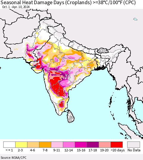 Southern Asia Seasonal Heat Damage Days (Croplands) >=38°C/100°F (CPC) Thematic Map For 10/1/2023 - 4/10/2024