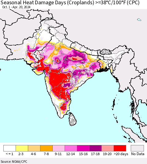 Southern Asia Seasonal Heat Damage Days (Croplands) >=38°C/100°F (CPC) Thematic Map For 10/1/2023 - 4/20/2024