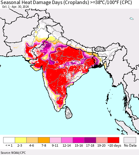 Southern Asia Seasonal Heat Damage Days (Croplands) >=38°C/100°F (CPC) Thematic Map For 10/1/2023 - 4/30/2024