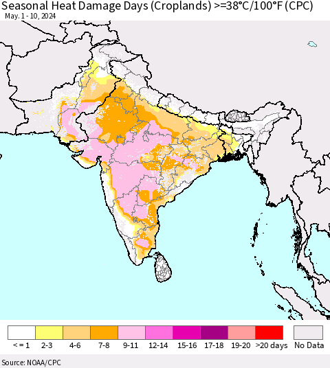 Southern Asia Seasonal Heat Damage Days (Croplands) >=38°C/100°F (CPC) Thematic Map For 5/1/2024 - 5/10/2024