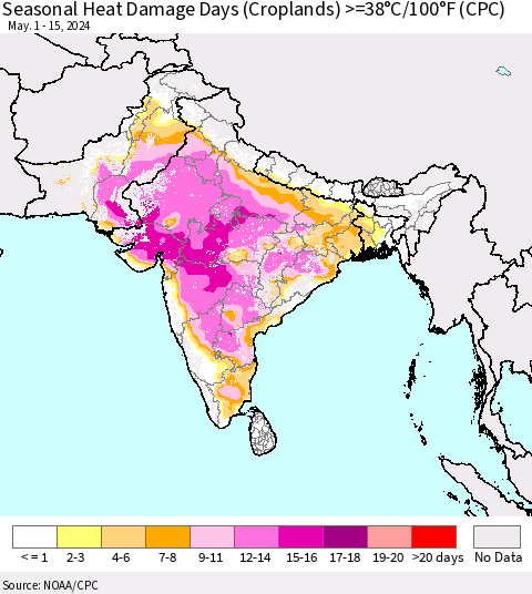 Southern Asia Seasonal Heat Damage Days (Croplands) >=38°C/100°F (CPC) Thematic Map For 5/1/2024 - 5/15/2024