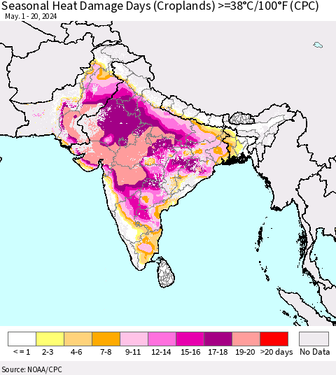 Southern Asia Seasonal Heat Damage Days (Croplands) >=38°C/100°F (CPC) Thematic Map For 5/1/2024 - 5/20/2024
