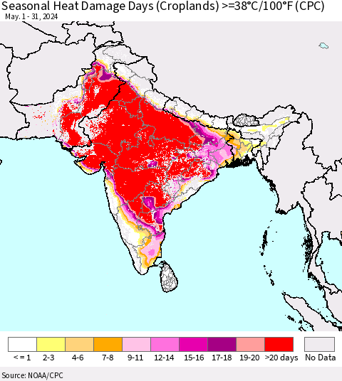 Southern Asia Seasonal Heat Damage Days (Croplands) >=38°C/100°F (CPC) Thematic Map For 5/1/2024 - 5/31/2024