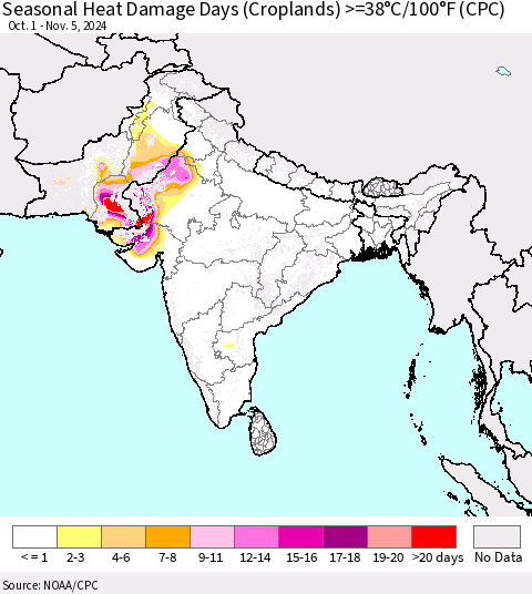 Southern Asia Seasonal Heat Damage Days (Croplands) >=38°C/100°F (CPC) Thematic Map For 10/1/2024 - 11/5/2024