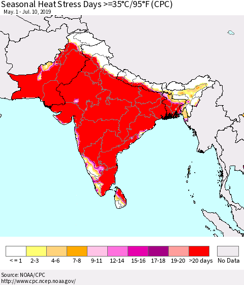 Southern Asia Seasonal Heat Stress Days >=35°C/95°F (CPC) Thematic Map For 5/1/2019 - 7/10/2019