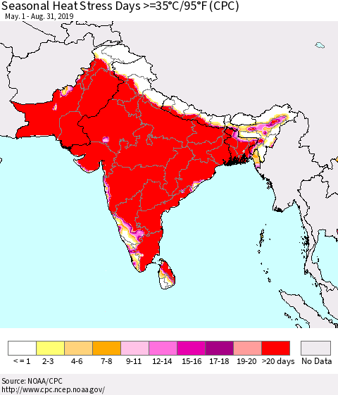 Southern Asia Seasonal Heat Stress Days >=35°C/95°F (CPC) Thematic Map For 5/1/2019 - 8/31/2019