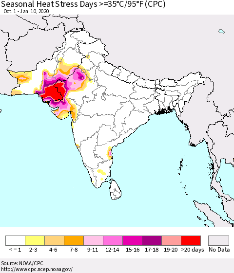 Southern Asia Seasonal Heat Stress Days >=35°C/95°F (CPC) Thematic Map For 10/1/2019 - 1/10/2020