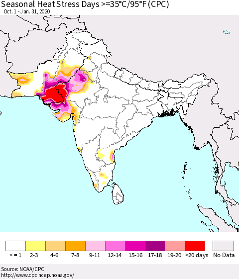 Southern Asia Seasonal Heat Stress Days >=35°C/95°F (CPC) Thematic Map For 10/1/2019 - 1/31/2020