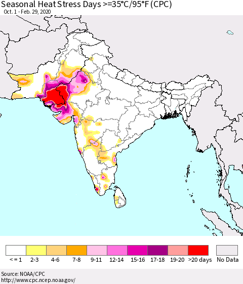 Southern Asia Seasonal Heat Stress Days >=35°C/95°F (CPC) Thematic Map For 10/1/2019 - 2/29/2020