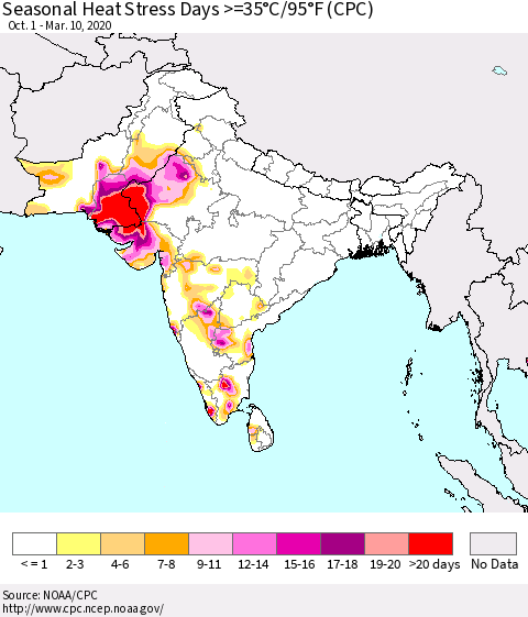 Southern Asia Seasonal Heat Stress Days >=35°C/95°F (CPC) Thematic Map For 10/1/2019 - 3/10/2020