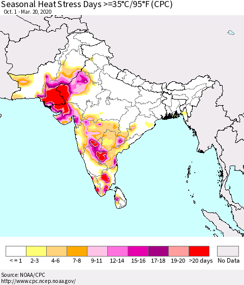 Southern Asia Seasonal Heat Stress Days >=35°C/95°F (CPC) Thematic Map For 10/1/2019 - 3/20/2020