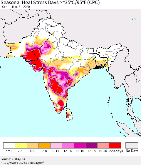 Southern Asia Seasonal Heat Stress Days >=35°C/95°F (CPC) Thematic Map For 10/1/2019 - 3/31/2020