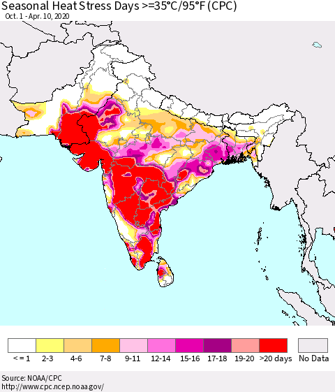 Southern Asia Seasonal Heat Stress Days >=35°C/95°F (CPC) Thematic Map For 10/1/2019 - 4/10/2020