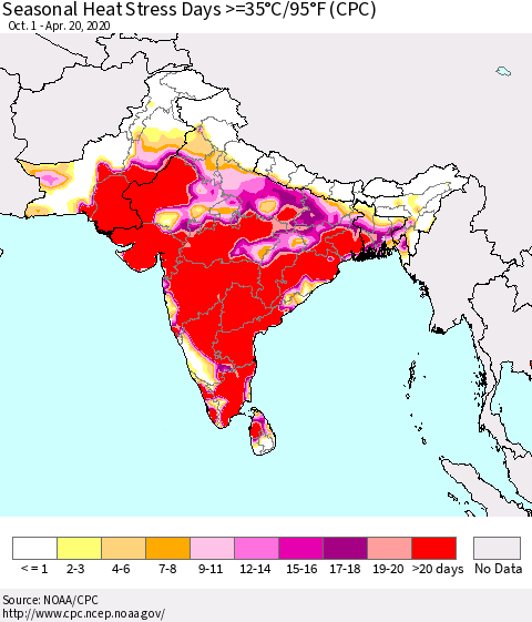 Southern Asia Seasonal Heat Stress Days >=35°C/95°F (CPC) Thematic Map For 10/1/2019 - 4/20/2020