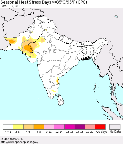 Southern Asia Seasonal Heat Stress Days >=35°C/95°F (CPC) Thematic Map For 10/1/2019 - 10/10/2019