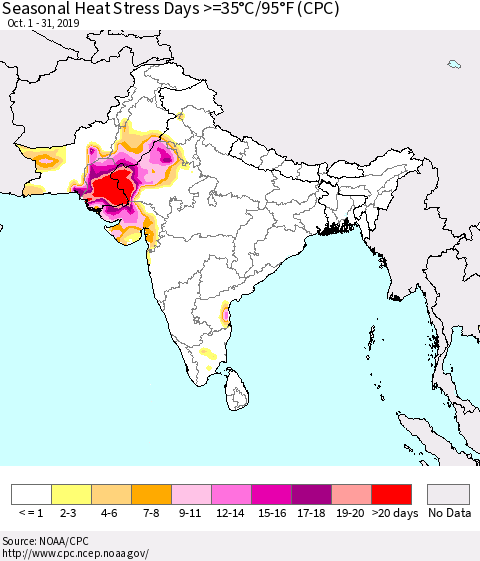 Southern Asia Seasonal Heat Stress Days >=35°C/95°F (CPC) Thematic Map For 10/1/2019 - 10/31/2019