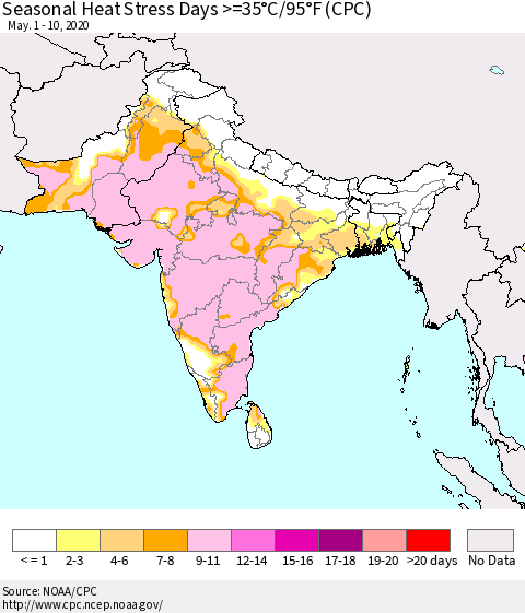 Southern Asia Seasonal Heat Stress Days >=35°C/95°F (CPC) Thematic Map For 5/1/2020 - 5/10/2020