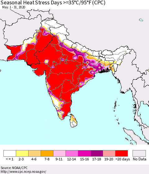Southern Asia Seasonal Heat Stress Days >=35°C/95°F (CPC) Thematic Map For 5/1/2020 - 5/31/2020