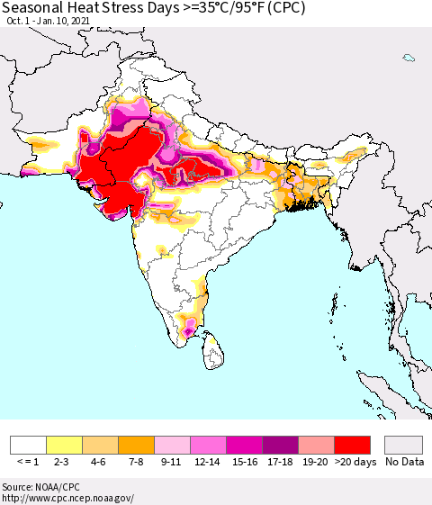Southern Asia Seasonal Heat Stress Days >=35°C/95°F (CPC) Thematic Map For 10/1/2020 - 1/10/2021