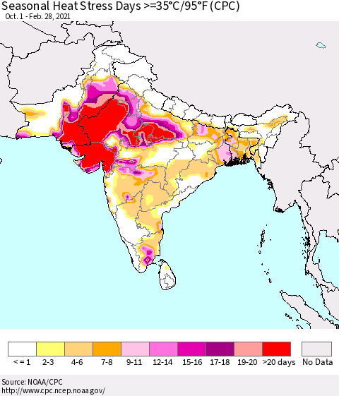 Southern Asia Seasonal Heat Stress Days >=35°C/95°F (CPC) Thematic Map For 10/1/2020 - 2/28/2021