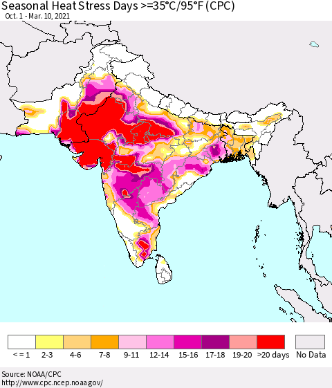 Southern Asia Seasonal Heat Stress Days >=35°C/95°F (CPC) Thematic Map For 10/1/2020 - 3/10/2021