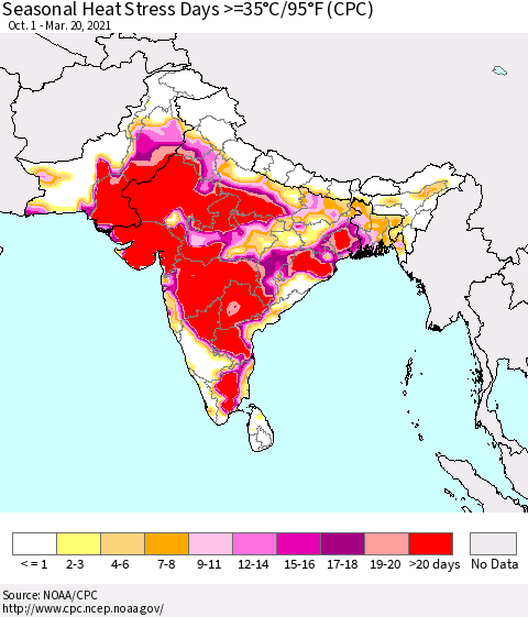 Southern Asia Seasonal Heat Stress Days >=35°C/95°F (CPC) Thematic Map For 10/1/2020 - 3/20/2021